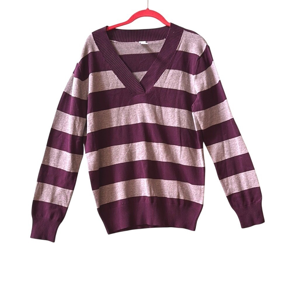 GAP Mens V Neck Striped Sweater Burgundy Gray XL Long Sleeve Pullover